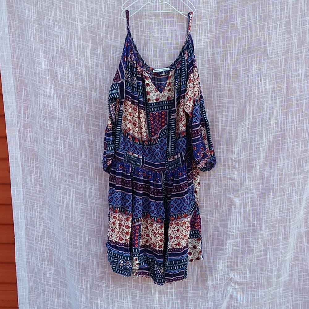 American Eagle Outfitters Blue and Cream Boho Patchwork Dress